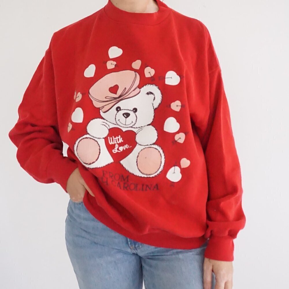 Vintage '90S Tultex Red Valentine's Teddy Bear Puff Print Cotton Crew Sweater XL